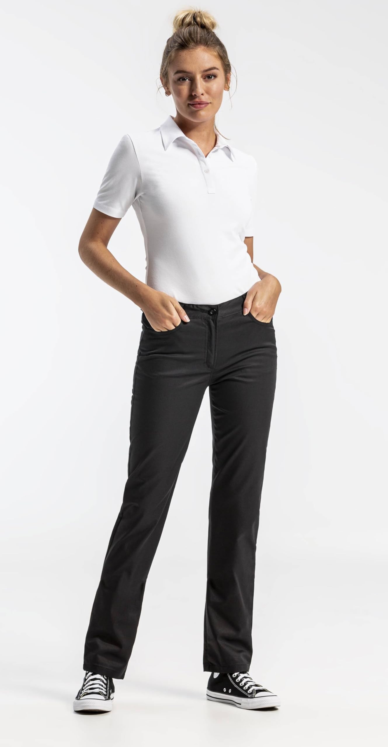 GREIFF Damen Arbeitshose Five-Pocket 5319 Cuisine Basic - Regular Fit Hose mit Gummibund hinten - Gastronomie, Service, Küche & Restaurant - Grüner Knopf Zertifiziert - Schwarz - 54