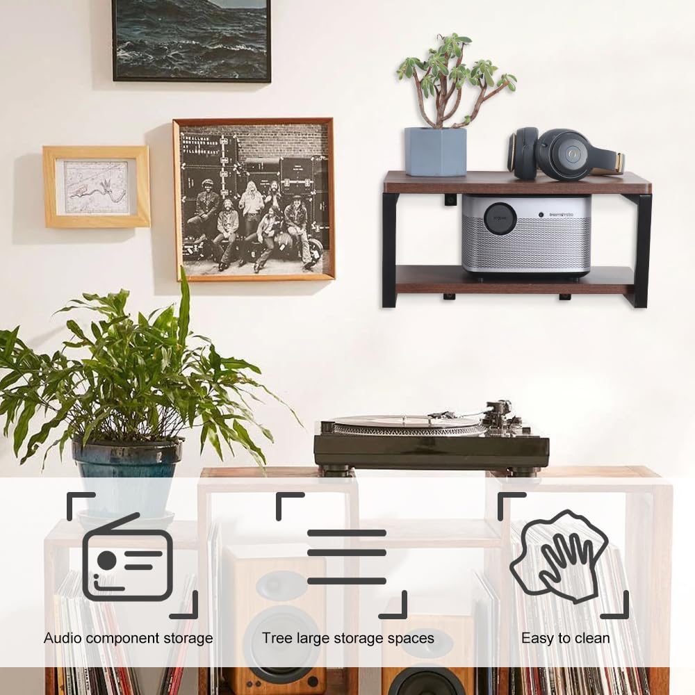 LUCKUP Floating Wall Shelves Wall Mounted Projector Shelf Wood AV Media Stand with 2 Shelves, Entertainment Center with Strengthened Metal Steel Frame- Perfect for DVD Players, Game Console and TV Box