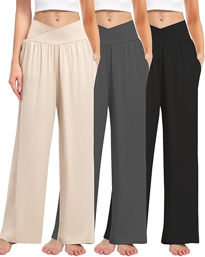 3 Pack Women's Wide Leg Pants Crossover with Pockets High