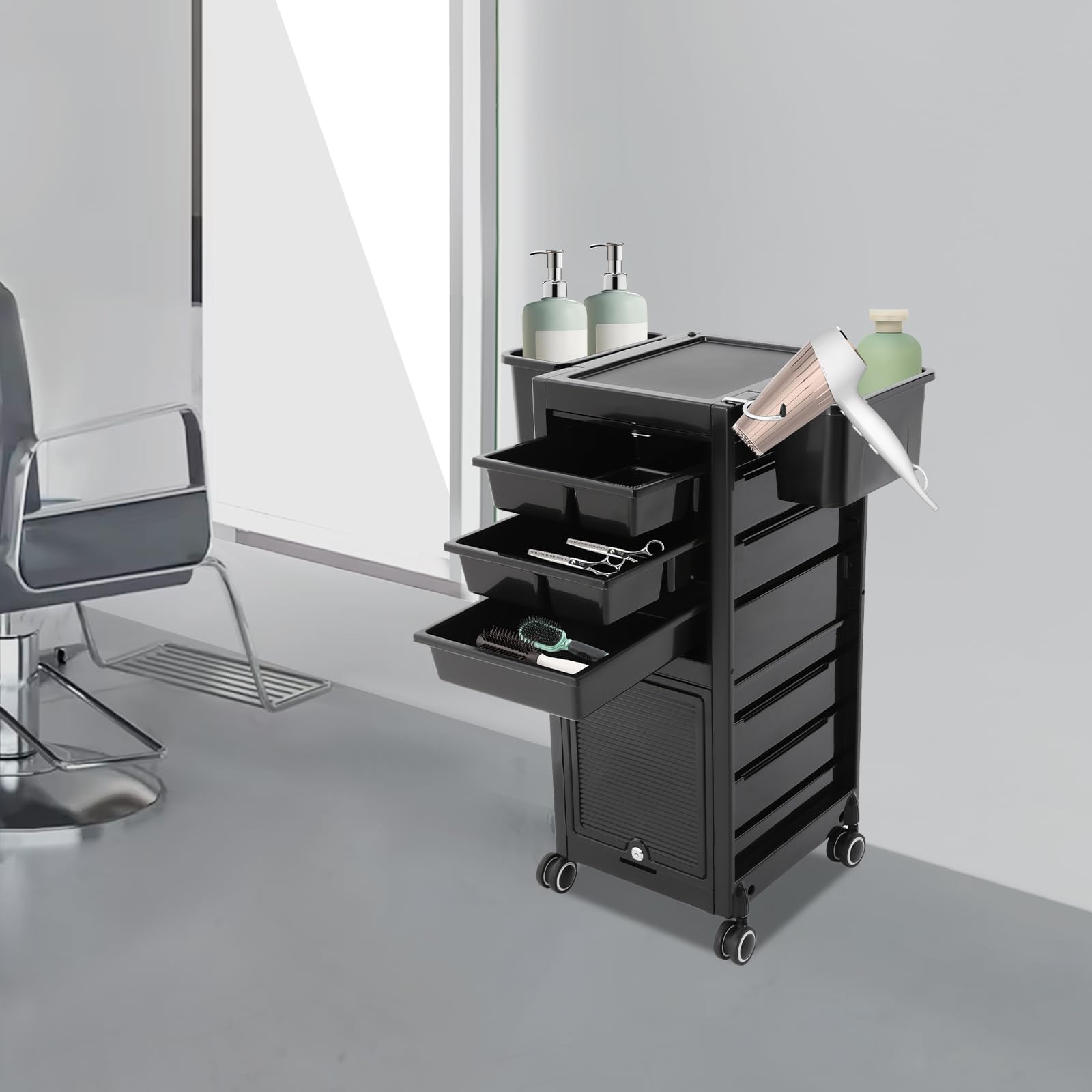 Friseurwagen Rollwagen mit 6 Schubladen & 2 Seitenkörbe, abschließbare Friseur Wagen für Salon und Friseur Aufbewahrungseinheit auf Rädern, 39 * 35 * 84cm