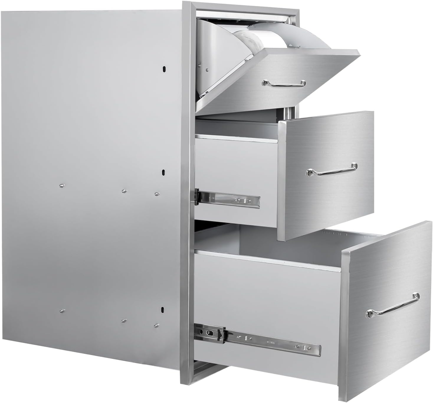 Outdoor Kitchen Drawers with Paper Towel Holder 17"Wx30"Hx20"D Flush Mount Access 3-Drawer BBQ Stainless Steel Drawers with Handle for Outdoor Kitchen Island or Grill Station