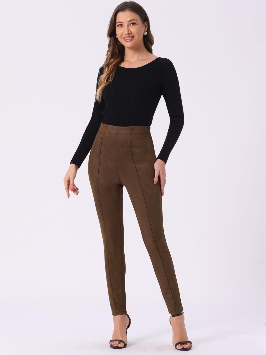 Allegra K Women's Faux Suede Leggings High Waisted Stretch Casual Faux Leather Pants for Women - Image 2