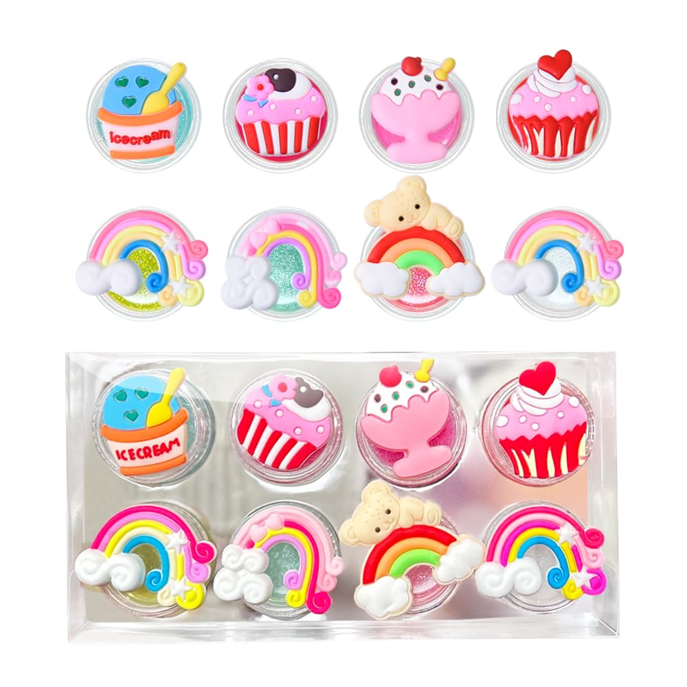 8PCS Cute Lip Gloss for Girls, Party Favors Lip Balm Set for Kids, Assorted Fruity Flavors Cute Cupcake of Rainbow Designs Birthday Gift
