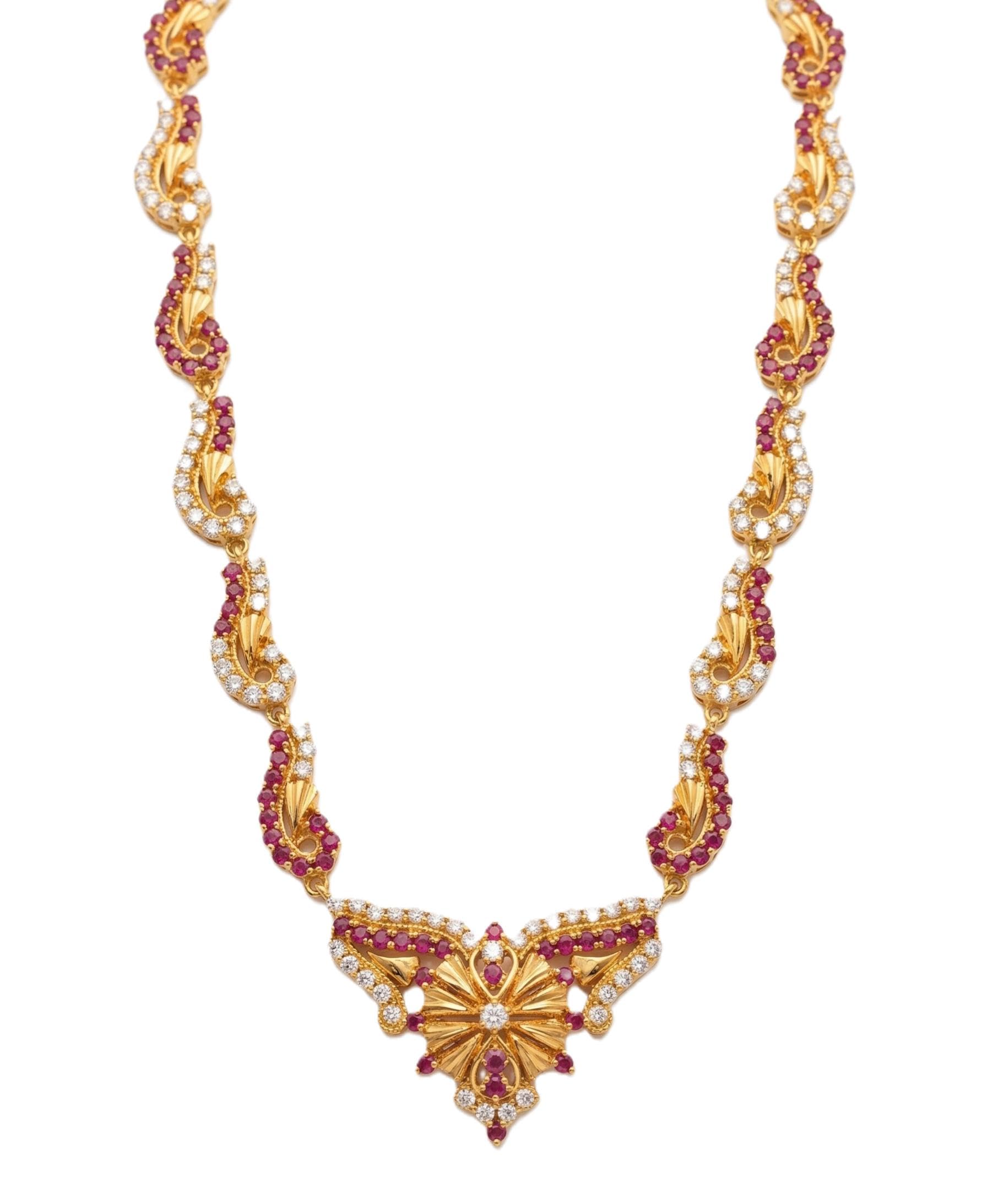 Gold-Tone Statement Long Haram Set with Ruby Red and White Stones, Peacock Pendant, Bridal Jewellery with earring-image-20