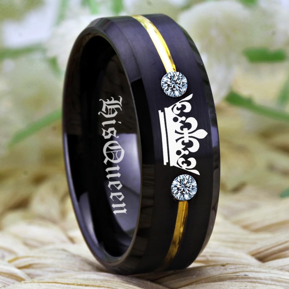 Free Custom Engraving Her King or His Queen Ring Promise Wedding Ring Engagement Ring Annivesary ring in Black Tungsten Carbide Rings With Two White CZ-Matching Promise Rings for Couples