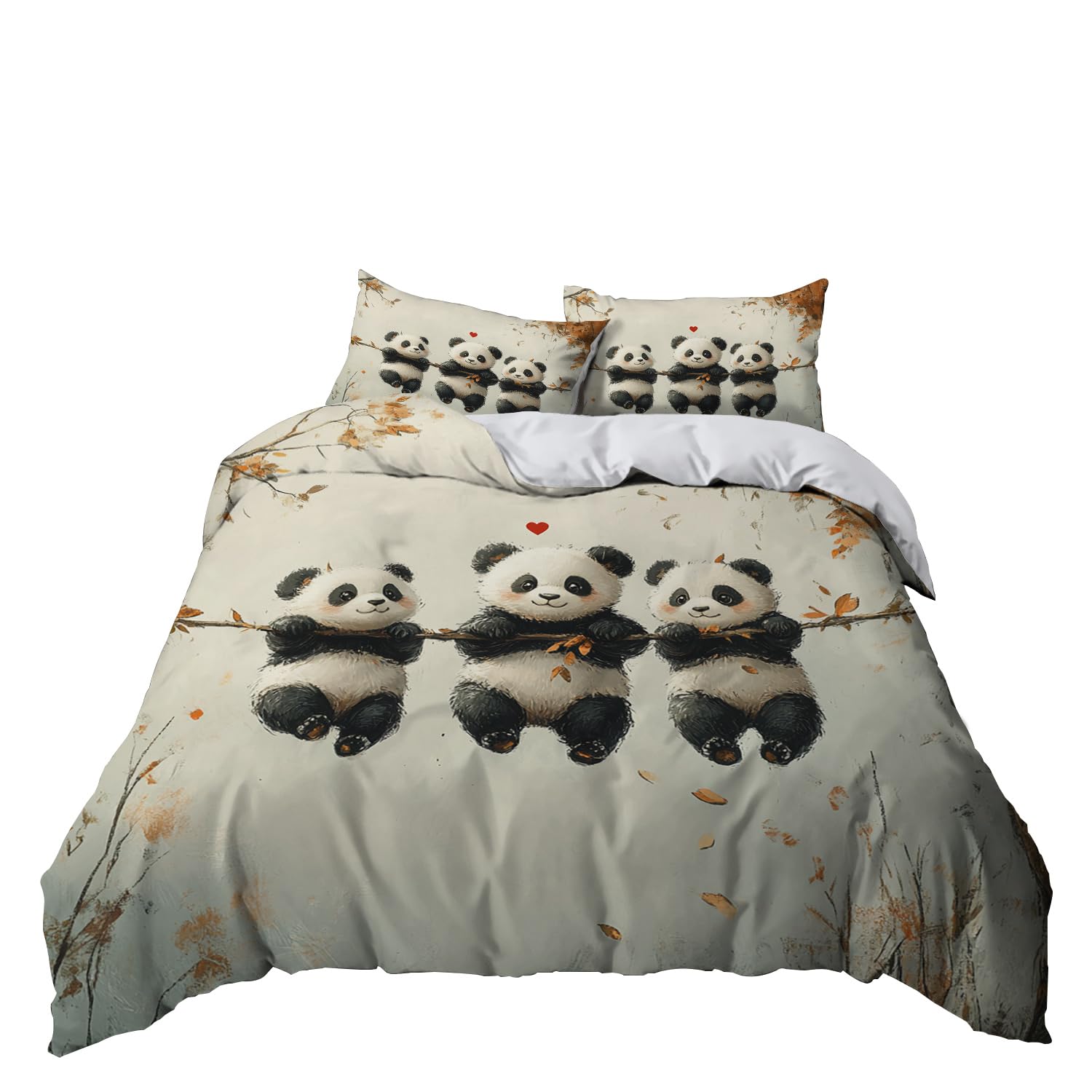 Bonita Funda Nórdica 135x200 cm de Panda para Niños, Juego de Cama con Estampado de Animales de Panda de Dibujos Animados para Dormitorio de Niños y Niñas, Funda de Edredón con Estampado de Hoja