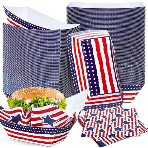 Vesici 200 Pcs 4th of July Paper Food Trays, 250 Anniversary Patriotic Stars and Stripes Disposable Food Boats with Wax Paper Sheets Decoration for Independence Day Veteran Party