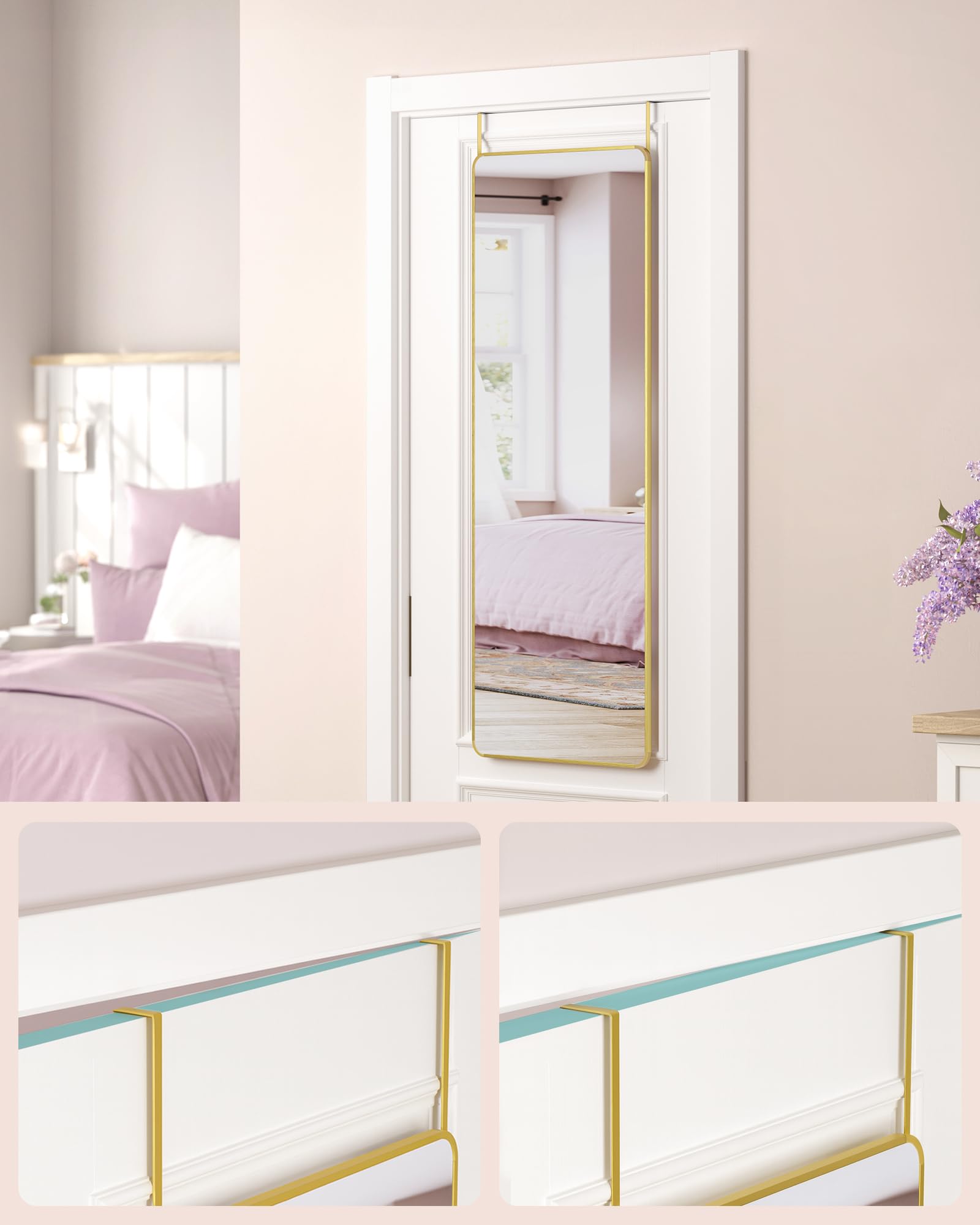 SONGMICS Espejo colgante de longitud completa, 120 x 40 cm, espejo rectangular de cuerpo completo, espejo sobre puerta o pared, vidrio templado, para dormitorio, sala de estar, guardarropa, oro pálido
