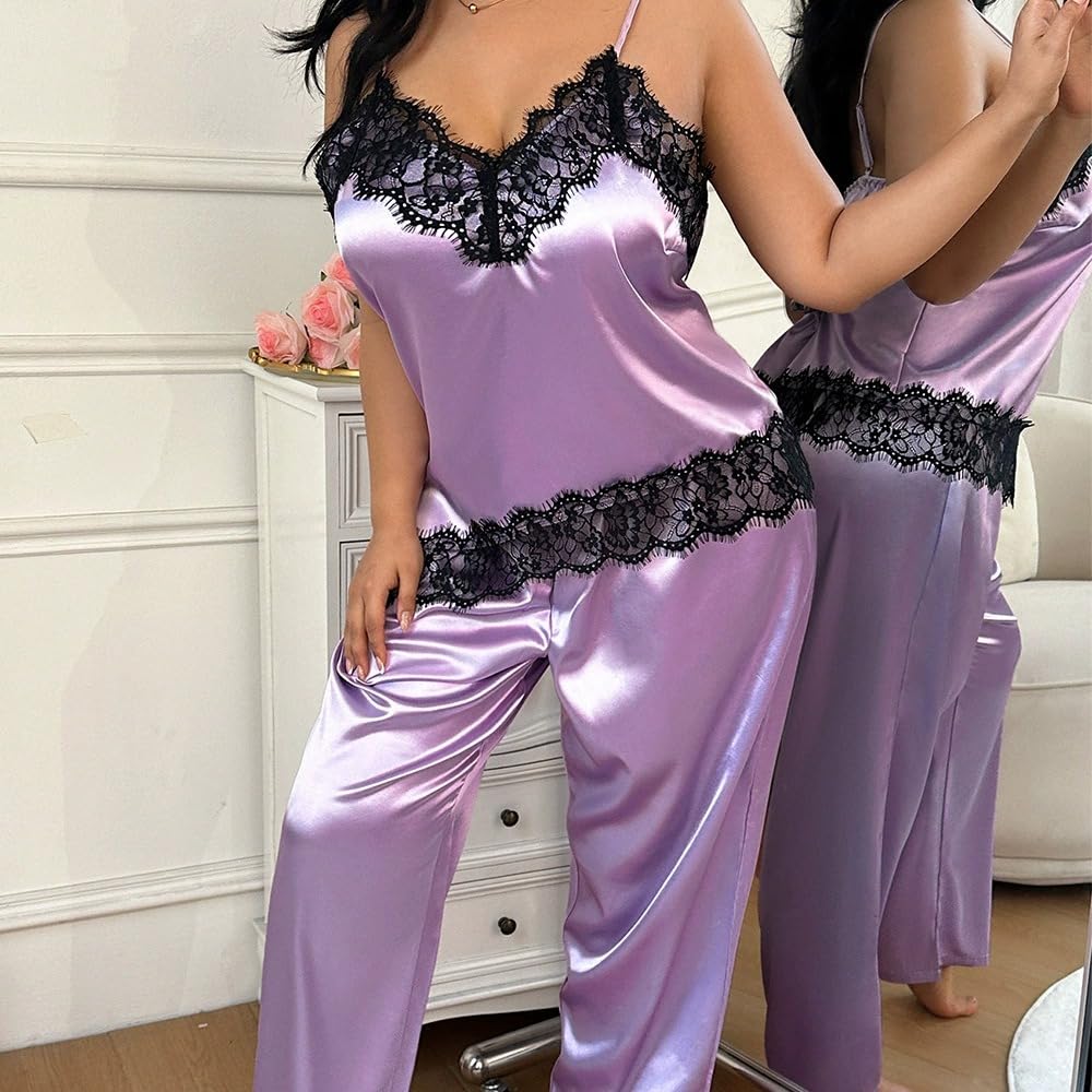 purpleq Sottoveste Taglie Forti Dettagli in Pizzo Spalline Abbigliamento Notte | Il bordo in pizzo trasparente e il tessuto drappeggiato creano una silhouette romantica e chic
