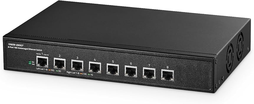 Binardat 8 Port 10 Gigabit Unmanaged Switch, 8x10G RJ45 Ethernet,Support 1G/2.5G/5G/10G, 160Gbps Bandwidth, Metal Desktop|Rackmount Network Switch