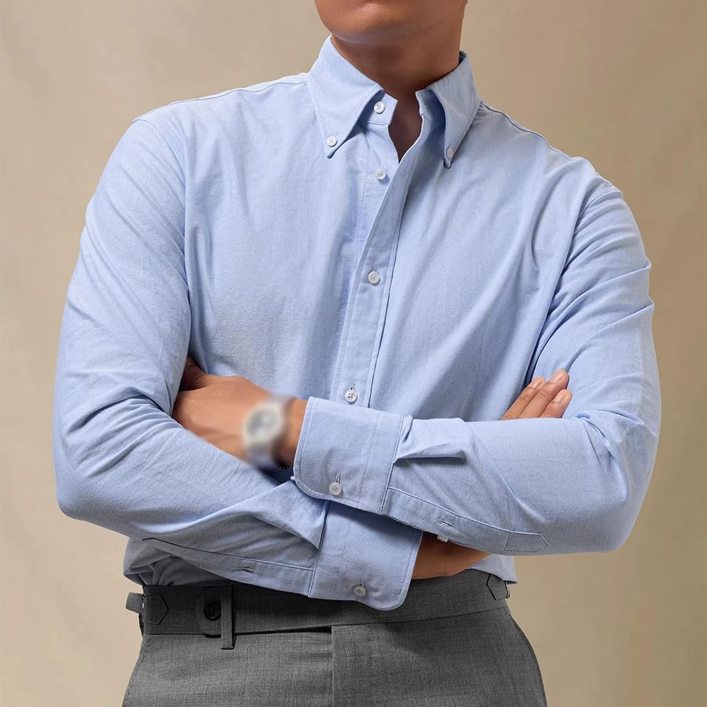 Camisa Azul De Cuello con Botones para Hombres, Camisa Formal De Manga Larga De Algodón, para Uso En Primavera/Otoño