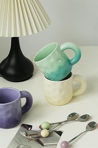 Miniatura 3 de TREEWOO Taza de café hecha a mano de cerámica de color macarrón con mango gordito y cuchara, linda taza de café para desayuno y leche para