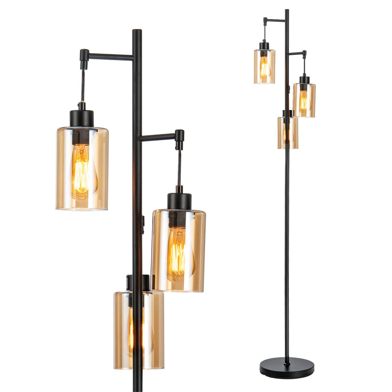 TANGZON 3-Light Floor Lamp, Industrial Metal Standing Lamp with 3 E27 Sockets & Foot Switch, Tall Tree Torchiere Floor Light for Living Room Bedroom Sofa Office (Glass Cylinder Lampshade,164cm H)