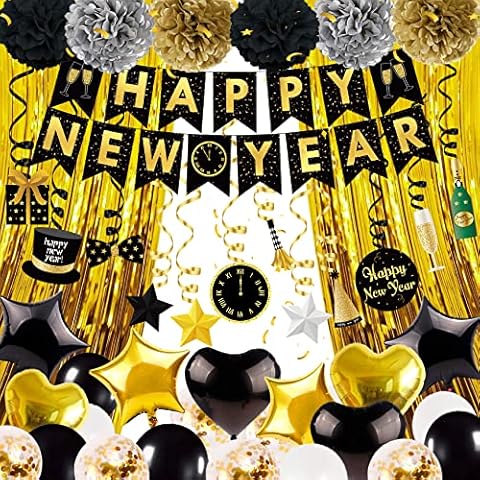Joy Bang 78PCS Happy New Years Decorations 2025, New Years Eve Party Supplies 2025 - Banner Balloons Hanging Swirls Curtains, Black and Gold Party Decorations for Wall Home Office Classroom Indoor Cover