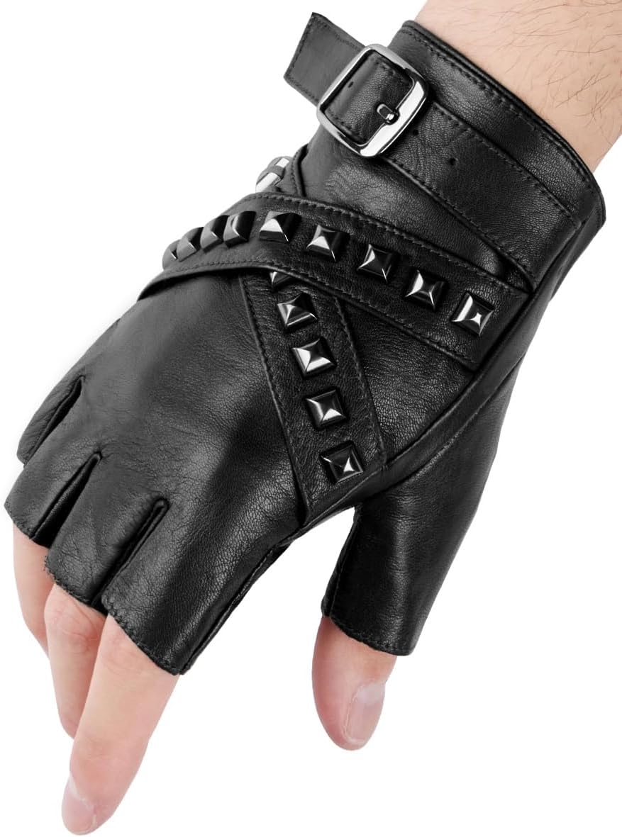 FIORETTO Mens Fingerless Leather Gloves – Half Finger Punk Style Sheepskin for Driving & Motorcycle – M16519 - Image 7