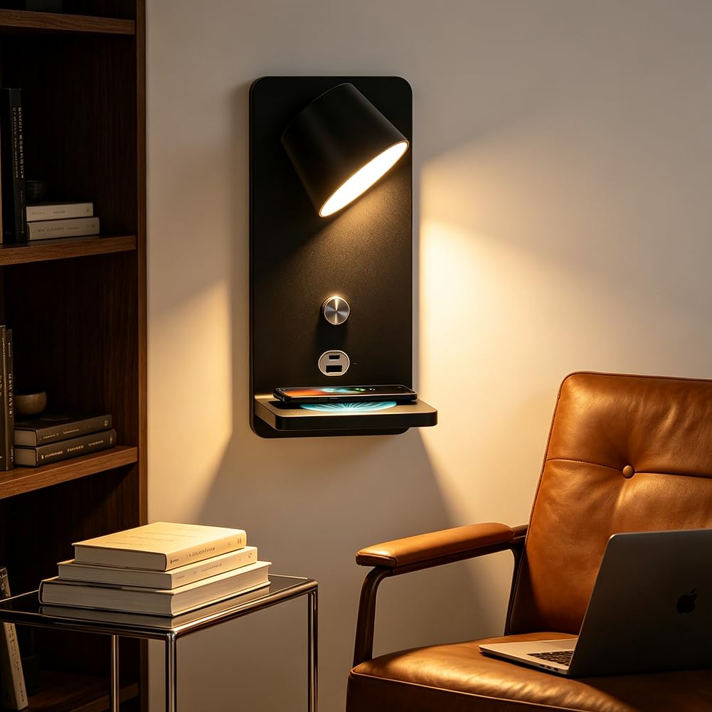 Aplique Giratorio con Regulador de Intensidad y Puerto de Carga USB Lámpara de Pared con Luz Cálida de 3000K Estación de Carga Inalámbrica Lámpara de Lectura de pared LED Iluminación,Negro