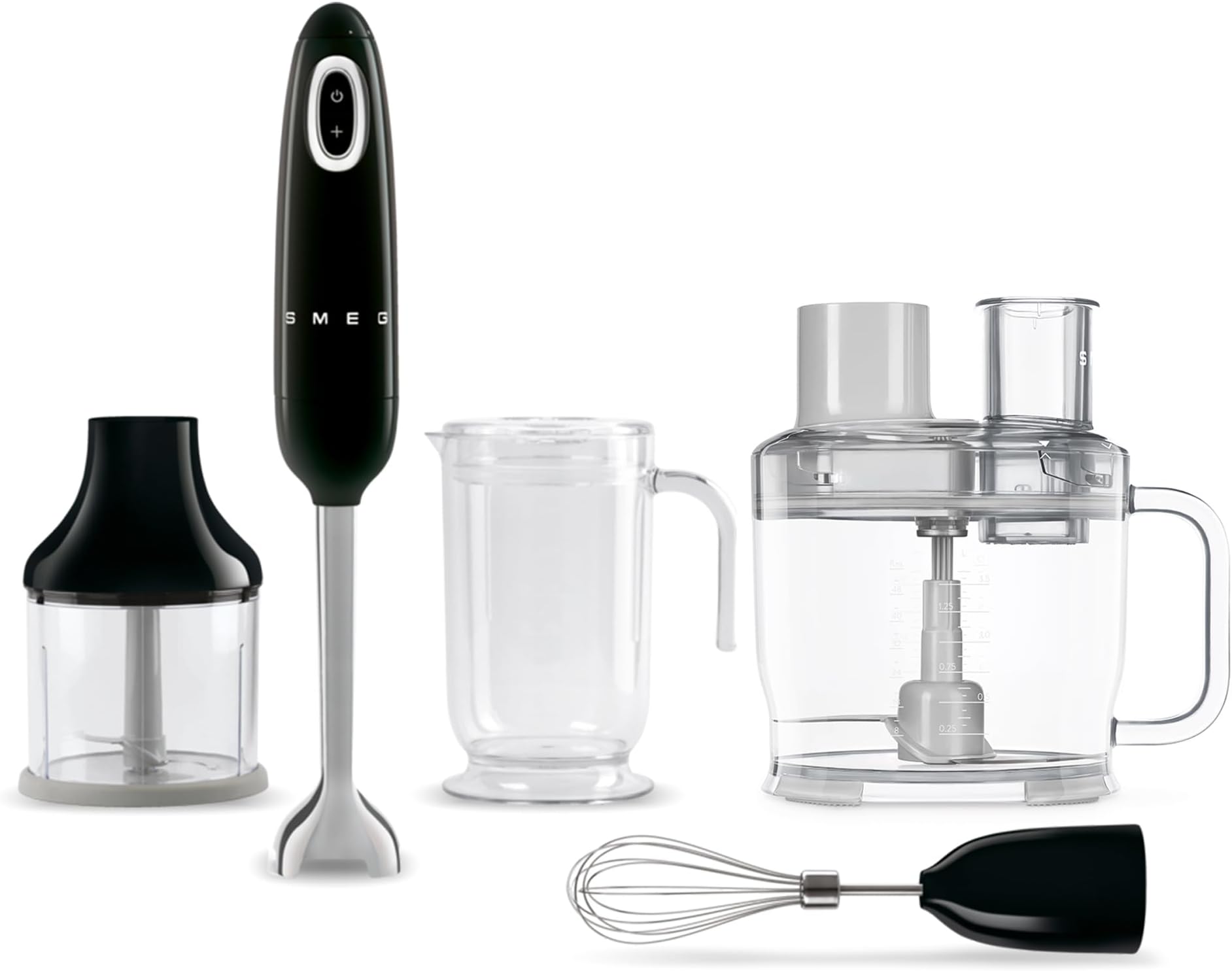 SMEG Hand Blender & Food Processor Bundle – HBF03 with HBFP11 Attachment – Retro Style, 350W Motor, Variable Speed, Tritan™ Renew Bowl, 5-in-1 Functionality, Black