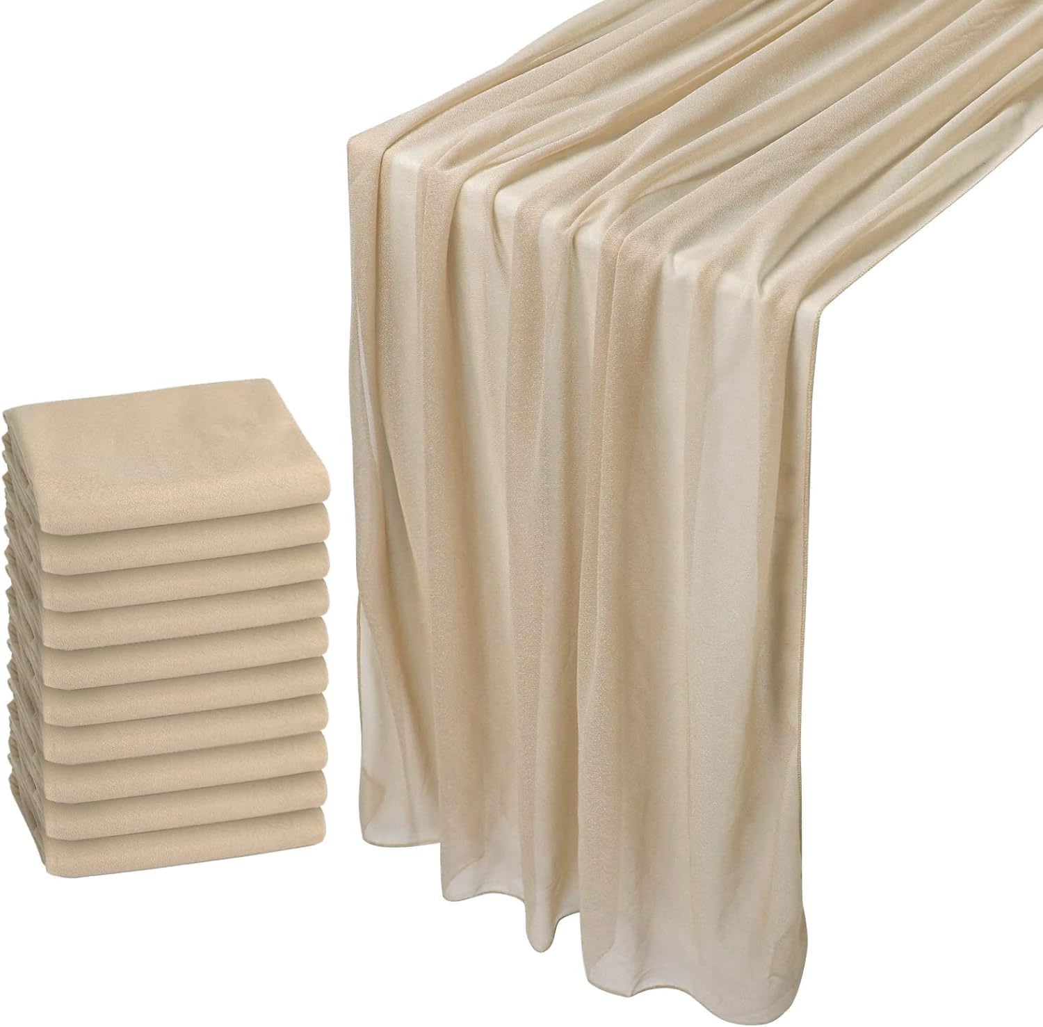 WELTRXE 10 Pack Champagne Chiffon Table Runner 30x120 Inches Romantic Sheer Wedding Table Runner Glitter Brown Tulle Fabric Party Table Decorations for Wedding, Birthday Party, Bridal & Baby Shower