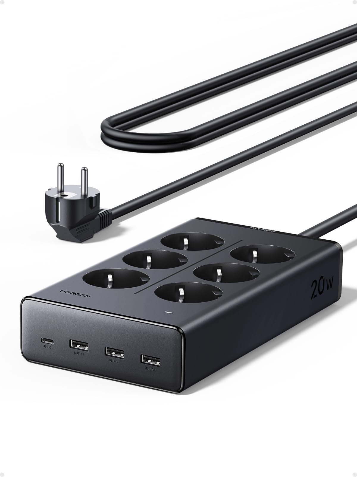 UGREEN Steckdosenleiste mit USB, 10-in-1 Mehrfachsteckdose mit Schalter, 20W Schnellladen USB C, 3680W Steckdosenwürfel mit Überspannungsschutz mit 1,5m Verlängerungskabel, für Schreibtisch,