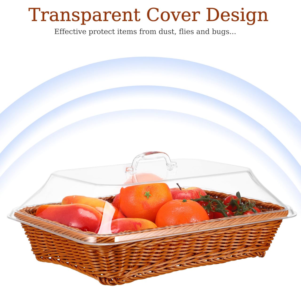 Cesta de pan tejida de mimbre para servir, cesta de pan de ratán de imitación con tapa acrílica, cesta tejida de mesa para servir alimentos, cesta de frutas para cocina y restaurante