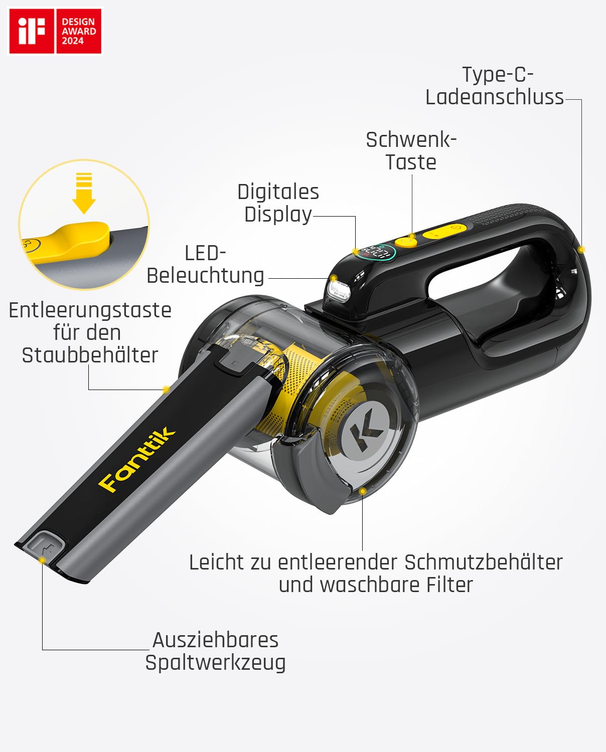 Fanttik Fold V10 APEX Pivot Akku-Handstaubsauger, 17.000 Pa Saugkraft, Smartes LED-Display, Auto Staubsauger für Auto & Haushalt, Ausgestattet mit Flex-Schlauch, Tierhaarbürste und weiterem Zubehör