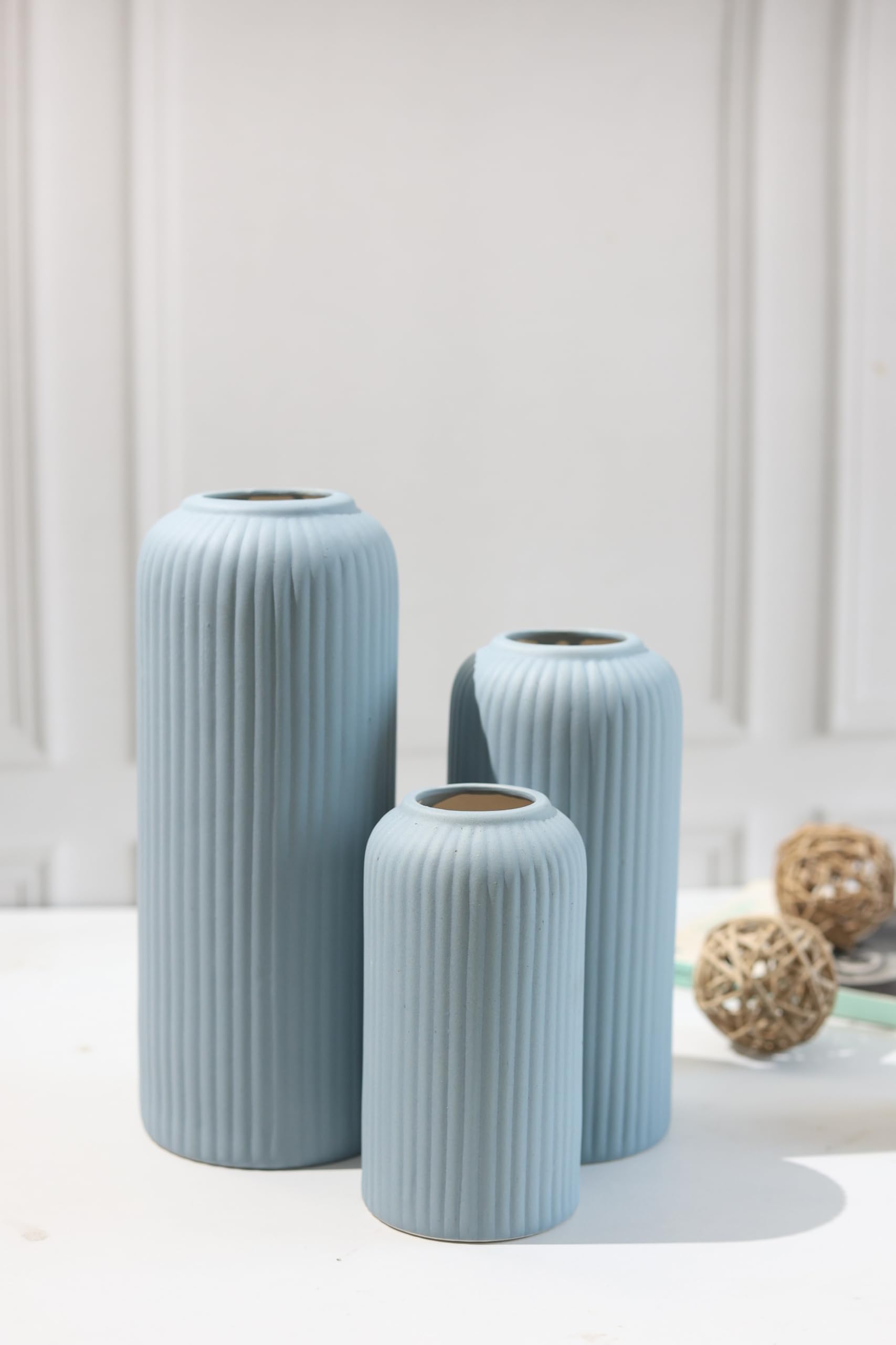 Craftribal's Modern Ceramic Flower Vase for Living Room, Flower Pots for Home Decoration, Home Decor, Line Vase (Set of 3PCS) (Grey)