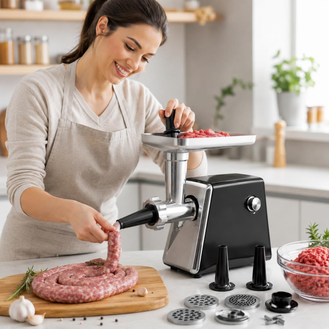 Tritacarne Elettrico Professionale 2000W, 2 Lame in Acciaio Inox, 3 Piastre di Tritatura, Accessorio per Salsicce e Kubbe, Motore Silenzioso, Facile da Pulire, Macchina per Carne, Casa e Cucina.