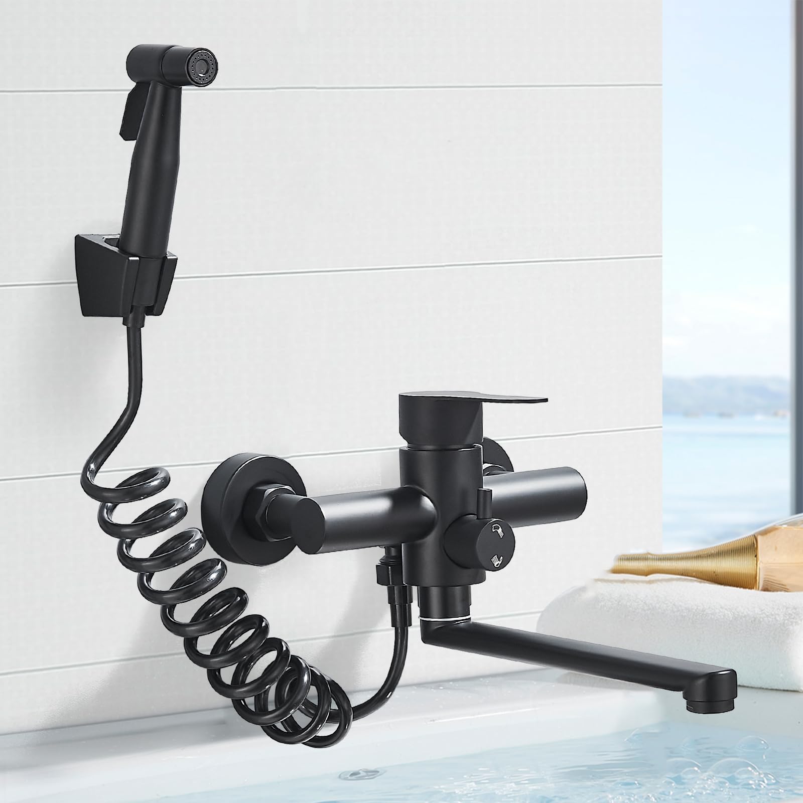 Mitigeur Robinet Cuisine Noir avec Pistolet Douchette Bec 23 cm Pivotant à 360° Robinet Mélangeur Mural pour Évier Acier Inoxydable