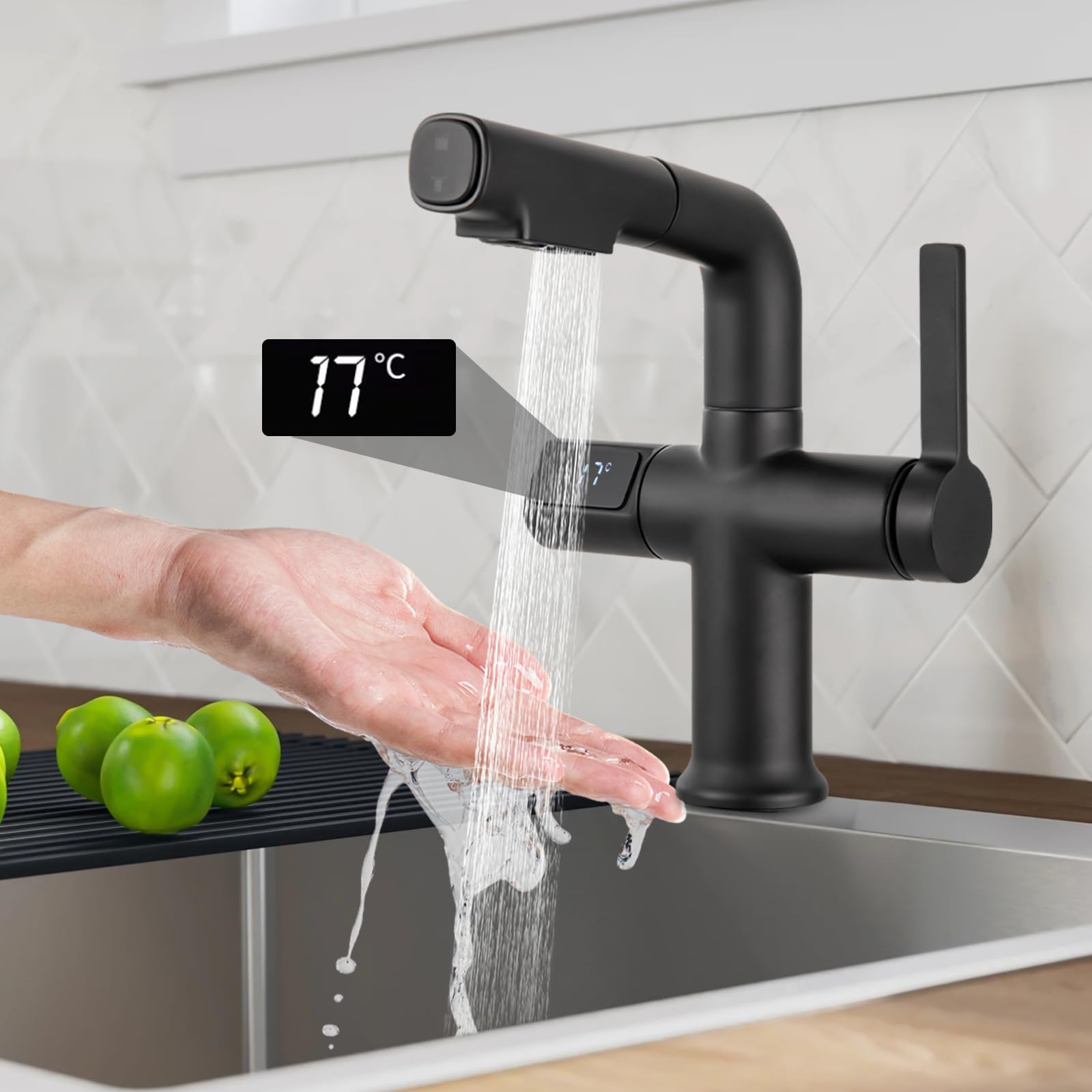Grifo extensible para fregadero de cocina con indicador digital de temperatura, giratorio de 360 grados, extensible y con alcachofa extraíble (negro)