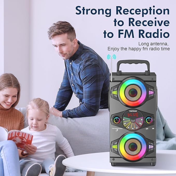 TOMPROAD Altoparlanti Bluetooth portatili 60W Grande e potente altoparlante stereo wireless ad alto volume Boombox Home Party con subwoofer, radio FM, luci colorate LED