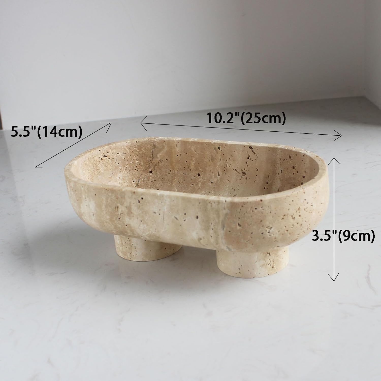 Natural Oval Travertine Fruit Bowl for Kitchen Counter 10", Large Decorative Bowl Two-Legs for Home Decor, Fruits Holder For Dining Table - Kitchen Organization
