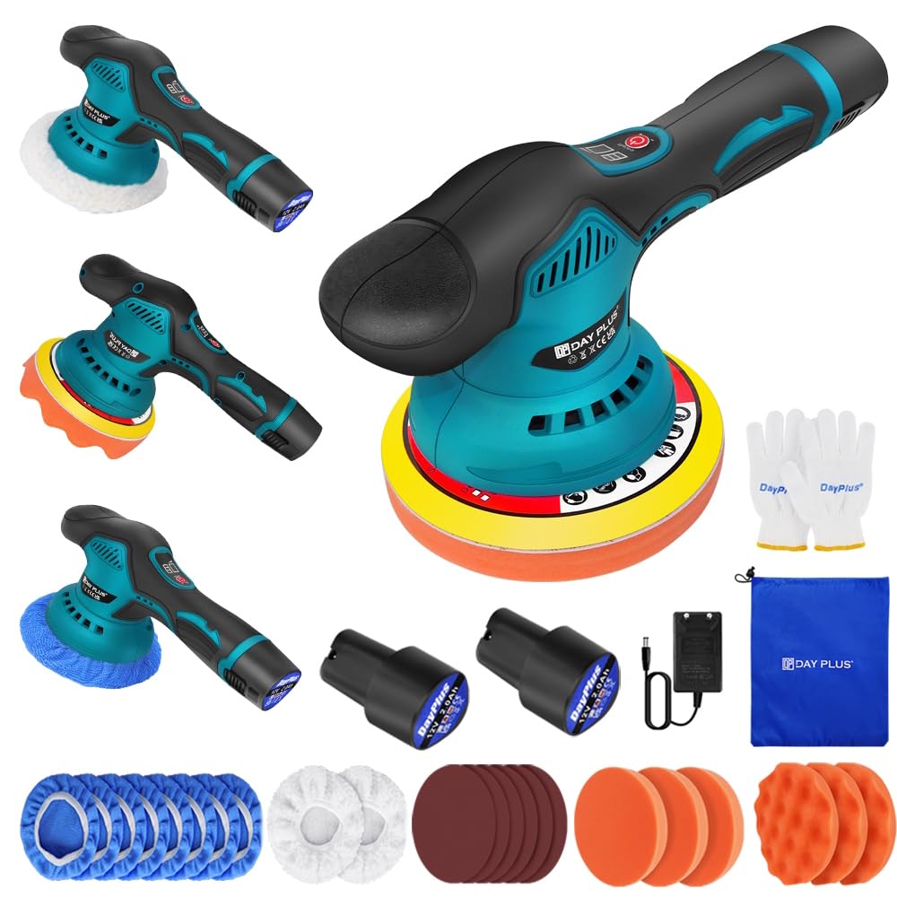 Akku Poliermaschine Set, Auto Poliermaschine Set 22pcs, Exzenter Poliermaschine Polierer mit 2 Batterie, Autopolierset, Akku Wachsmaschine 8 variable Geschwindigkeit für Autodetailing Wachsen,Polieren