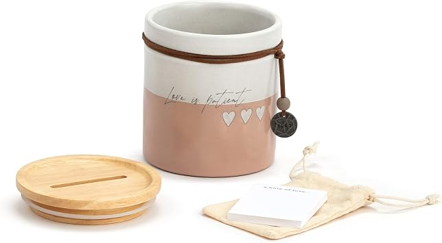 DEMDACO Love Is Patient Pale Pink Heart 4 x 4.5 Ceramic and Wood Inspirational Jar with Cards