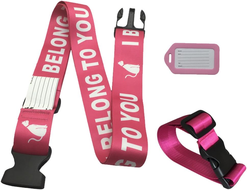 Travpal Adjustable Suitcase Belt Luggage Strap with Add A Bag Strap Luggage ID Tag (One Way 70", Pink&White_I Belong To You)