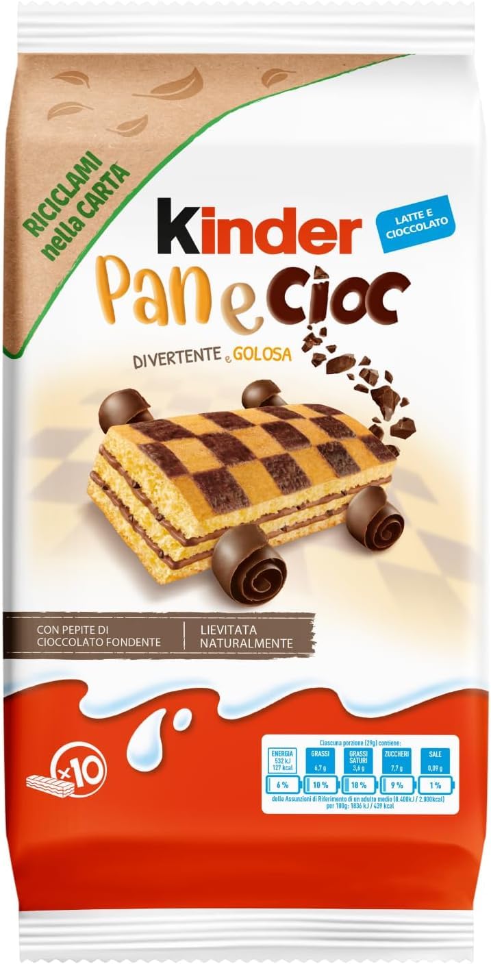 Kinder Pan e Cioc – 3 Beutel × 10 Stück (30 Snacks) – weiche Milchbrioches mit Schoko-Stückchen, einzeln verpackt, ideal für Frühstück, Schule & unterwegs, Familien-Vorrat + Italian Gourmet polpa