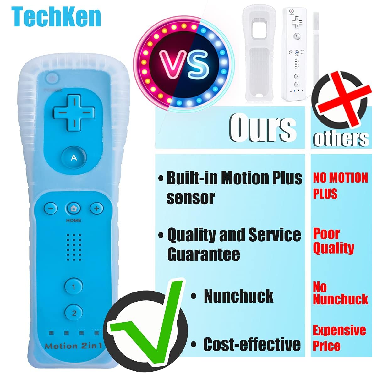 TechKen Manette de Wii avec Nunchuck, Télécommande Controller Motion Plus Intégré, Étui en Silicone et Dragonne (Bleu+Rouge)