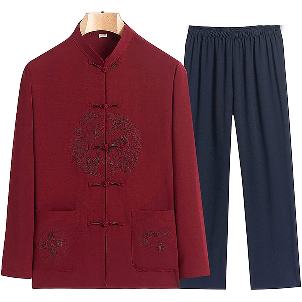Abito tradizionale cinese a maniche lunghe Tang Kung Fu Uniforme Camicia da uomo Giacca Kung Fu, uniforme Tai Chi, Cappotto a maniche lunghe da uomo Hanfu Top e pantaloni