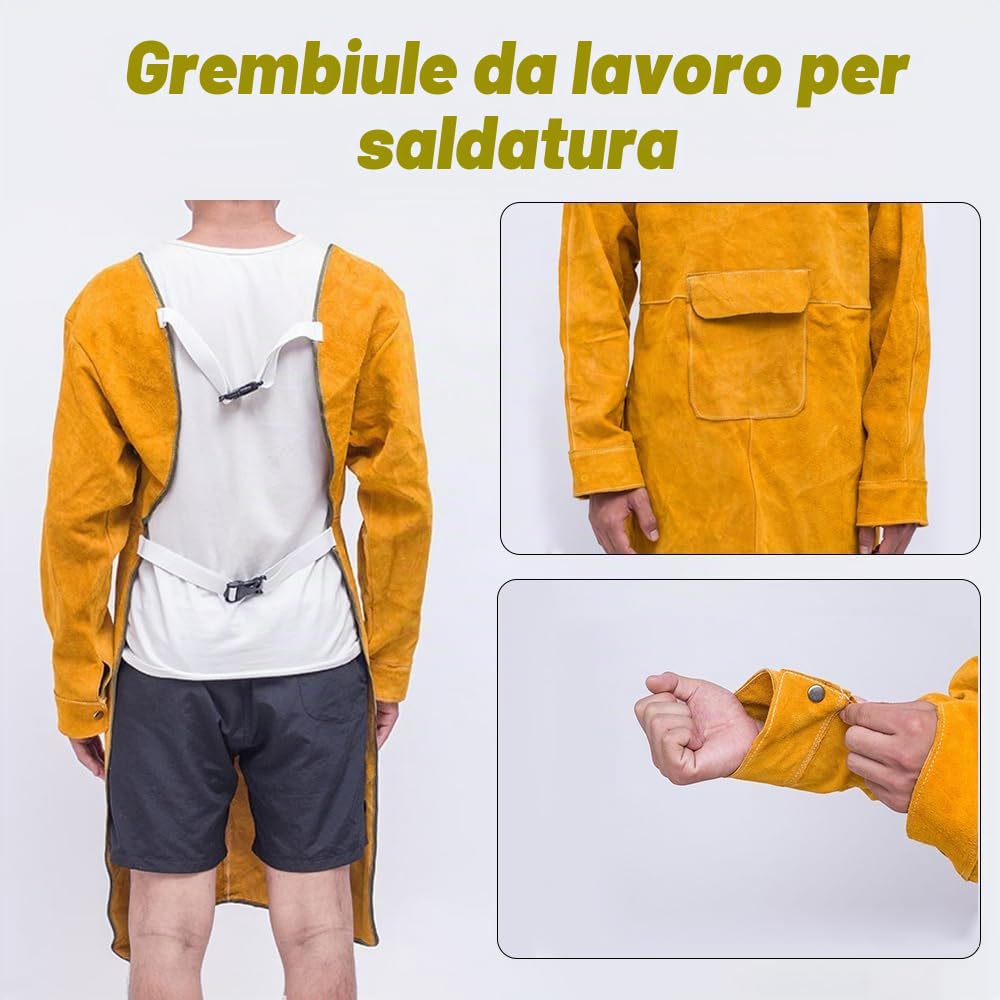 Grembiule da saldatore in pelle con tasca per attrezzi, regolabile, protezione da lavoro, anti-fiamma, cappotto lungo per la lavorazione del legno (colletto basso)