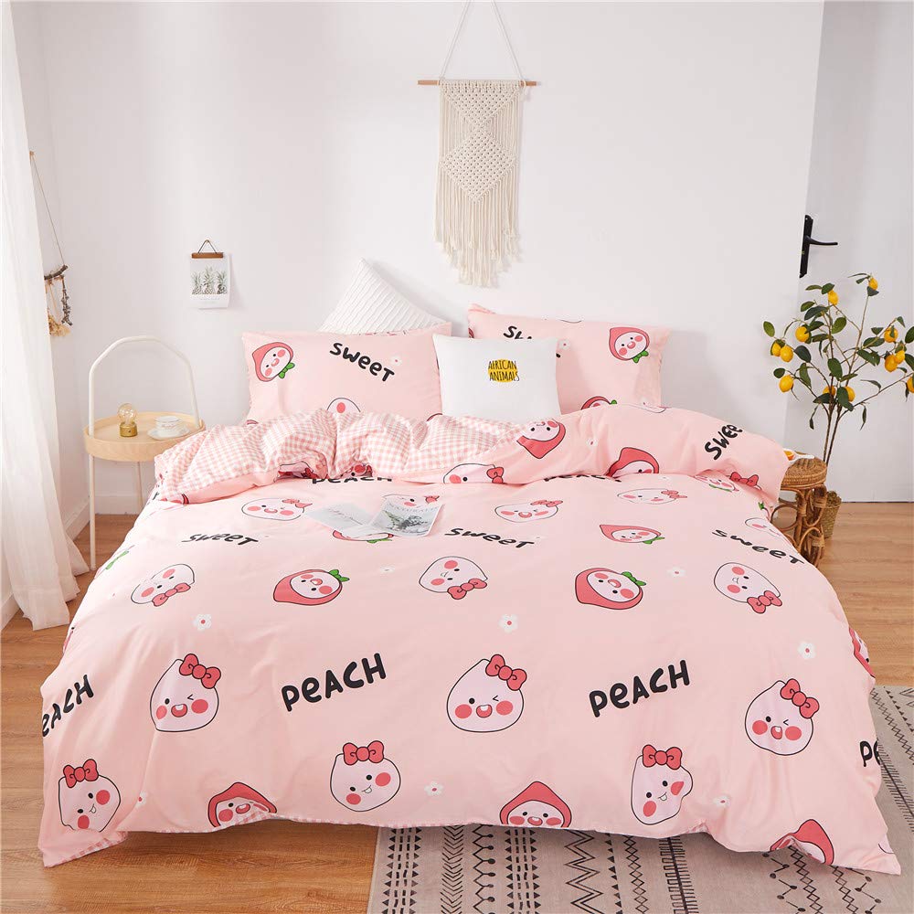 BHUSB Full Girls Lovely Heart Bedding Sets Twin Grey Reversible Kids 100% Soft Cotton Queen Duvet Cover Sets 3 Piece Stripe Print Zippered Bedding Comforter Cover with 2 Pillowcase by