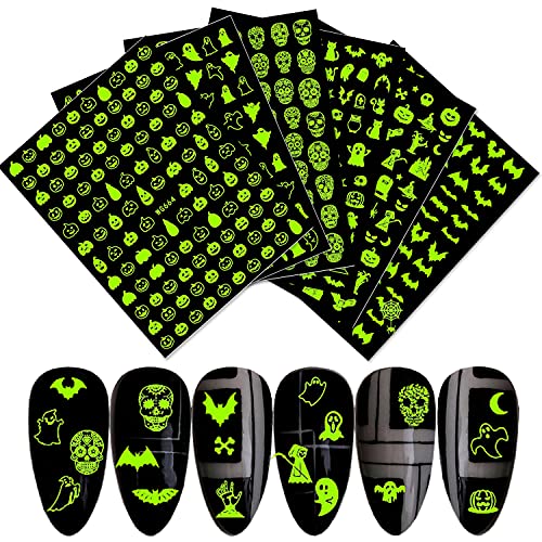 HAOYAN Halloween Nail Stickers Luminous Skull Nail Art Stickers 3D Decal Self-Adhesive Stickers for Salon Manicure Nails Decoration(6 Sheets)