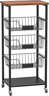 Kitchen Storage Cart, Kitchen Basket, 5-Tier Utility Organizer with Baskets and Wood Top, Rolling Snack Cart with Wheels, Metal Black