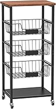 Kitchen Storage Cart, Kitchen Basket, 5-Tier Utility Organizer with Baskets and Wood Top, Rolling Snack Cart with Wheels, Metal Black