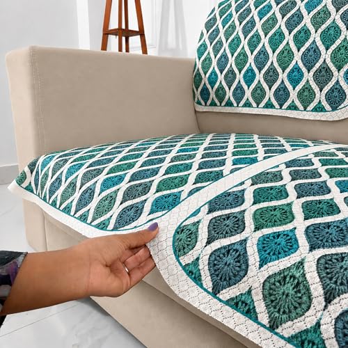 Image of Homerz Premium 'Maharaja Paradise Series' Sofa Cover | Net Fabric Sofa Cover | Washable, Anti-Dust Backed & Wrinkle Resistant Cover (Aqua Lattice, 2 Seater, Seat Cover with Backrest)