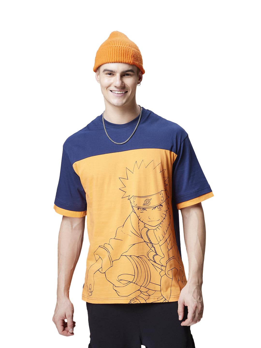 BewakoofOfficial Naruto Merchandise Men's Graphic Printed Oversized Fit Half Sleeve Round Neck Cotton Jersey T-Shirt