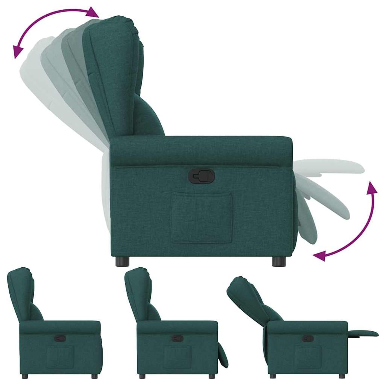 Poltrona relax verde scuro, rivestimento in tessuto (100% poliestere), robusto telaio in legno e metallo, portata 110 kg, larghezza della seduta 50 cm, per adulti