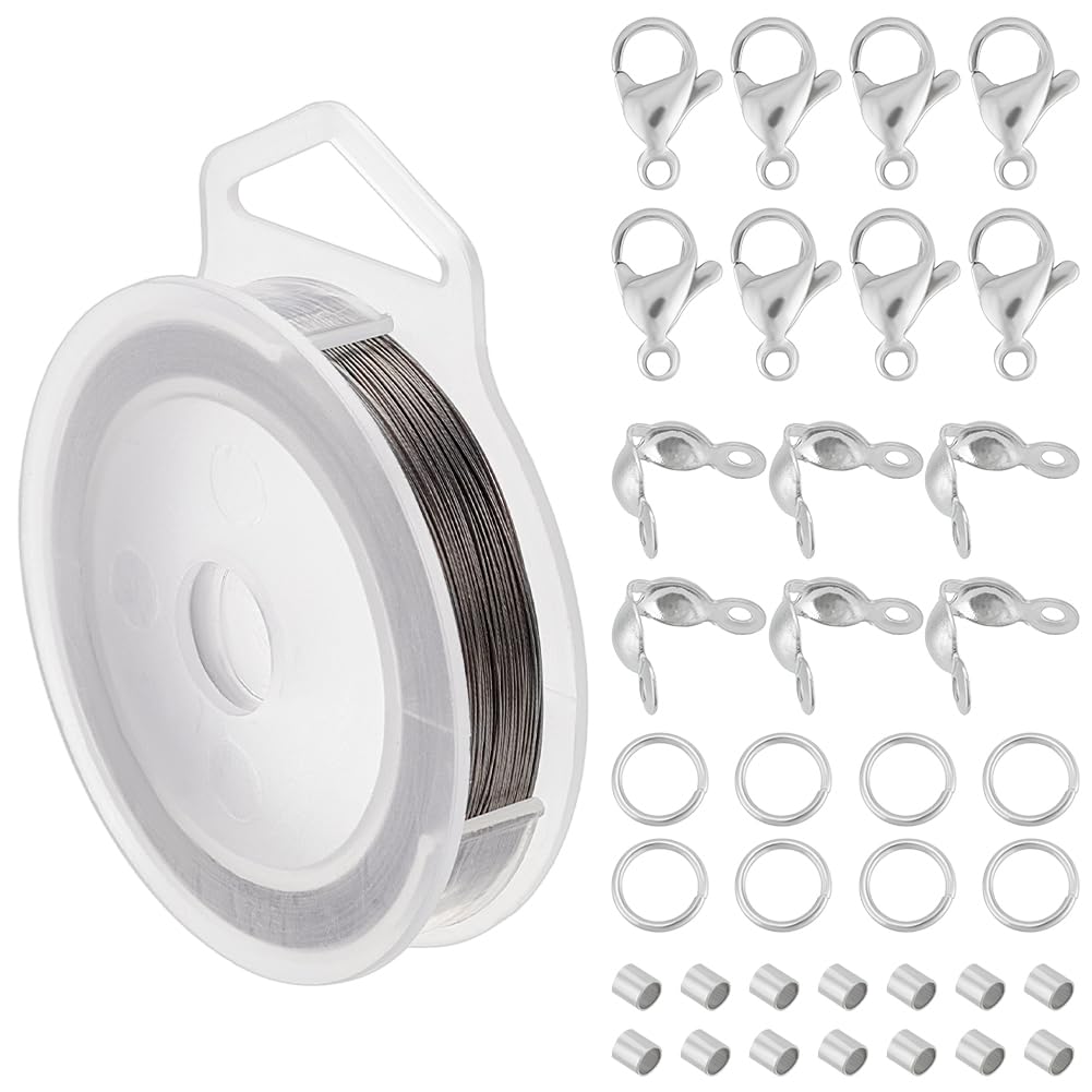 Kit Fabrication Bijoux BENECREAT - Fil Perlé Acier 7 Brins 0.3mm + Perles à Sertir + Fermoirs - 300m