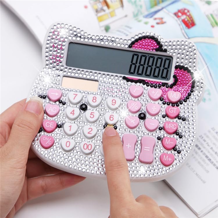Miniatura 4 de Bonita calculadora de diamantes de imitación con pantalla LCD de 12 dígitos, doble unidad de energía solar y batería, calculadora rosa para niñas y