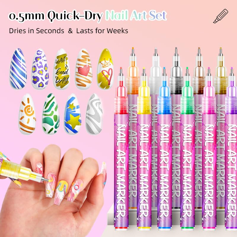 12 Colors Nail Art Marker, Quick Dry Nail Polish Pens, Waterproof Nail Art Pens, Gel Marker Pen Set with 0.5 MM Fine Tips, Nails Design Kit, Acrylic Painting Liner Pen for Nail Art, Manicure Tools - Image 5