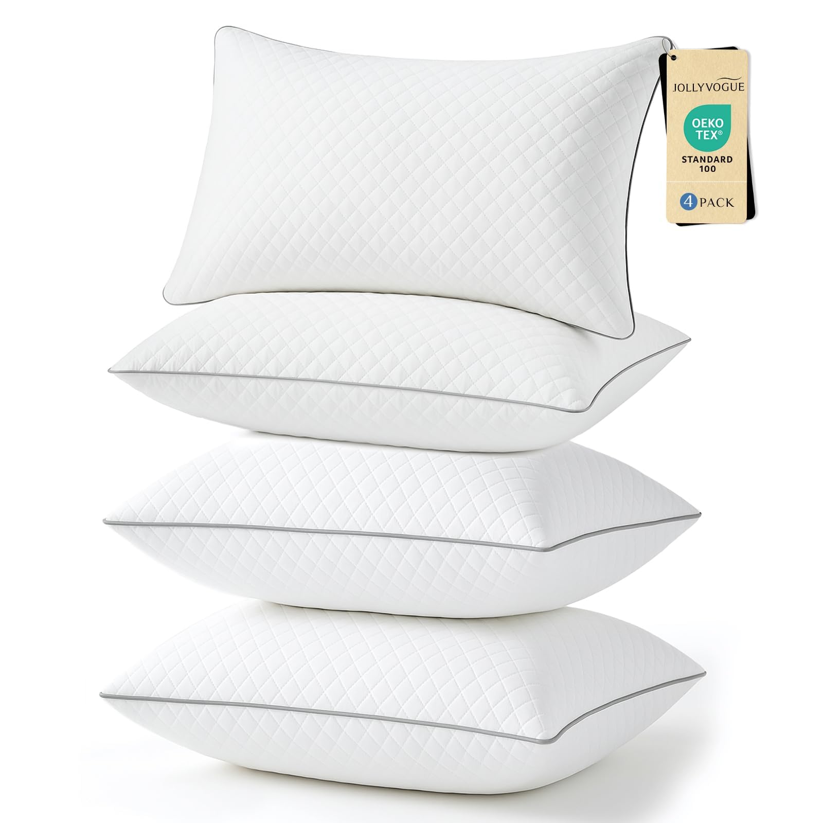 JOLLYVOGUE Pillows Standard Size Set of 4 Oeko-Tex Certified Bed Pillows for Side Back and Stomach Sleepers -
