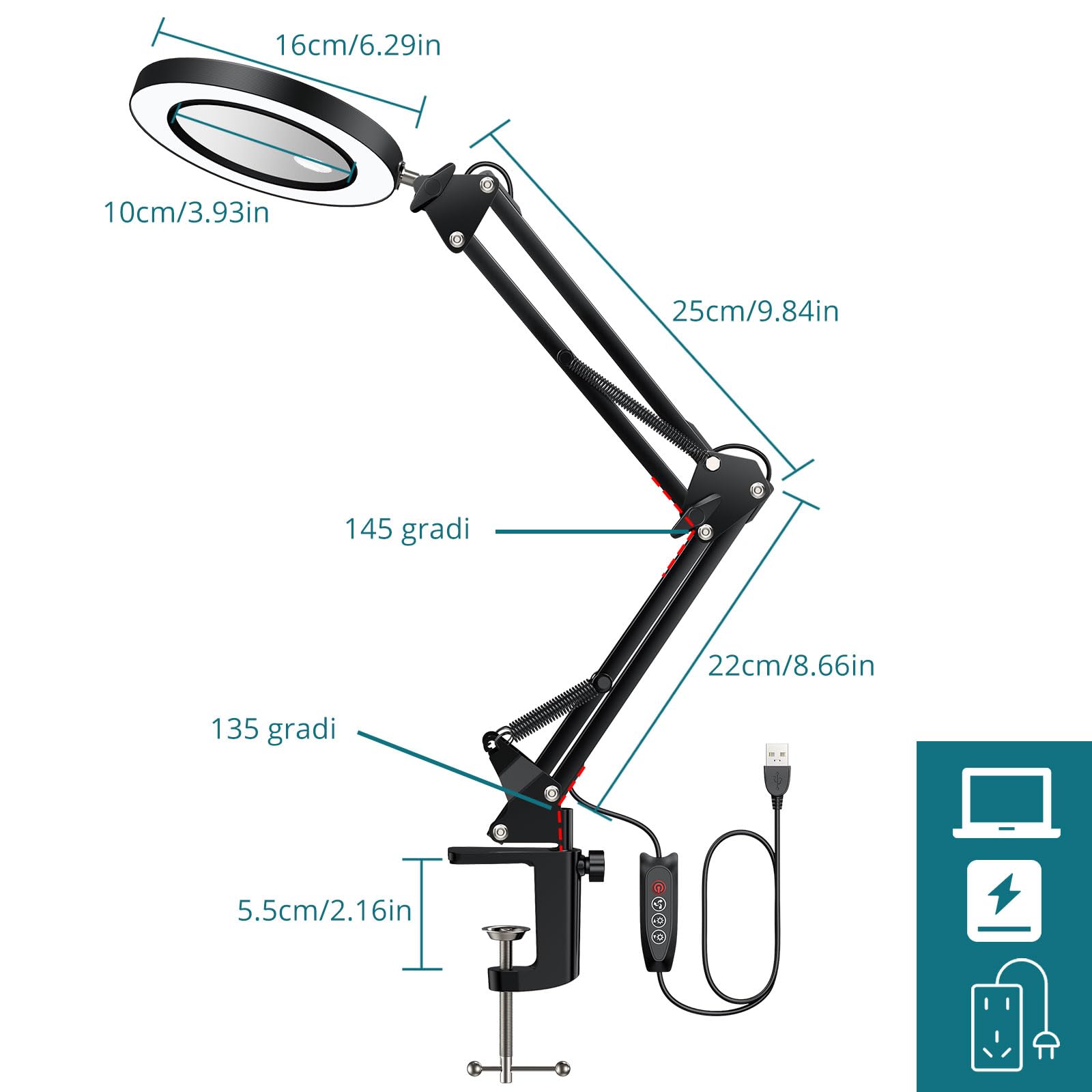 Lampada con Lente d'ingrandimento LED 8X/15X,Lampada Scrivaniacon Lenti a Menisco di Estetista-3 Modalità Luce con 50cm Braccio Girevole per Lettura/Cucito/Nail Art -con Morsetto